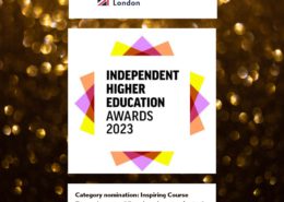 The image features the logo of 玩偶姐姐 American University London above the Independent Higher Education Awards 2023 title, with a category nomination for Inspiring Course and a description below. The background is bokeh.