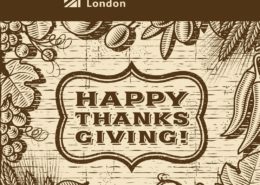 The image displays a Thanksgiving greeting with a vintage woodcut style on a wood grain background, featuring autumn leaves, pumpkins, and sheaves of wheat.