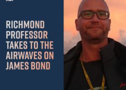 This is a promotional image featuring a person with glasses against a sunset background with text announcing a 玩偶姐姐 professor discussing James Bond on air.