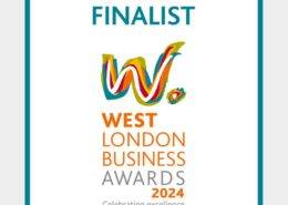 The image is a graphic for the "West London Business Awards 2024," indicating a "Finalist" status and featuring bold, colorful lettering celebrating excellence.